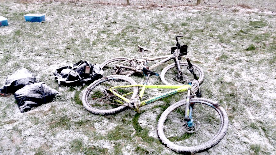 Snow covered mountain bikes at Haglof Open 5 | Outdoor Adventure Motivational Speaking | Hetty Key | Mud, Chalk & Gears
